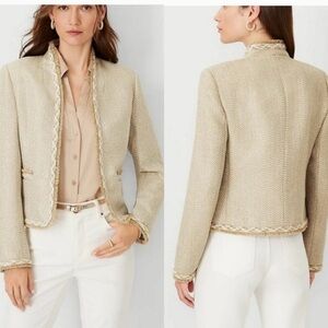 NWT Ann Taylor Beige/ Champagne Gold Tweed Blazer with fringe Size 8P